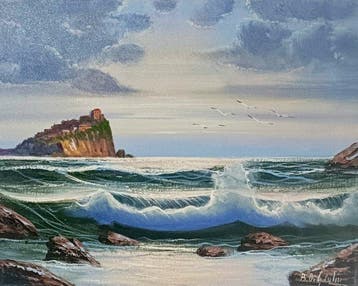 Bruno Di Giulio (1939) - Mareggiata al tramonto con gabbiani