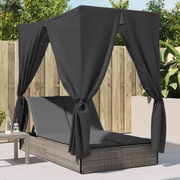vidaXL Ligbed tweepersoons met dak en gordijn poly rattan, Tuin en Terras, Verzenden, Nieuw