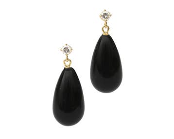 Een paar 18 krt. geelgouden oorhangers met onyx en diamant, Gebruikt