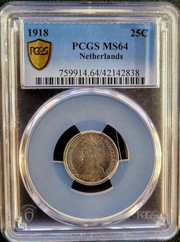 Koningin Wilhelmina 25 cent 1918 MS64 PCGS gecertificeerd, Verzenden, Zilver, 25 cent, Koningin Wilhelmina