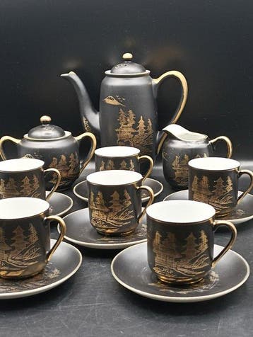 Koffieservies voor 6 (15) - Pintado a mano - Porselein,, Antiek en Kunst