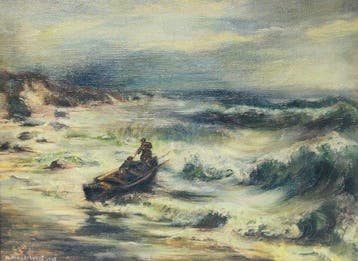 Belgische school (XX) - Fishermen at sea, braving rough seas, Antiek en Kunst, Kunst | Schilderijen | Klassiek