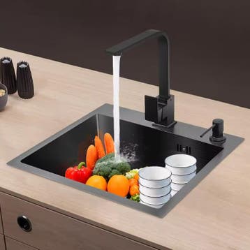 Zwarte RVS Spoelbak 45×40 cm met Afvoer en Zeepdispenser, Verzenden, Nieuw