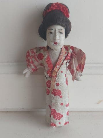 Figuur - Antiek Japans geisha popje met losse pruik - Hout