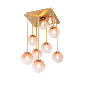 Art Deco plafondlamp goud met roze glas 9-lichts - Athens, Huis en Inrichting, Lampen | Plafondlampen, Verzenden, Nieuw, Art Deco