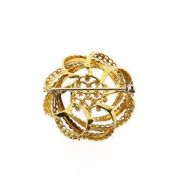 Vintage gouden broche als bloem met blauwe emaille en robijn, Gebruikt, Ophalen of Verzenden, Met edelsteen, Goud