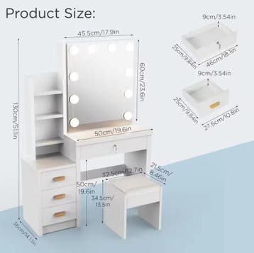 Make-uptafel met schuifspiegel, LED verlichting en lades, Verzenden, Nieuw