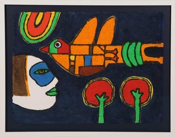 Corneille (1922-2010) - Hoofd met vogel, Antiek en Kunst