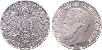 Duitsland 2 Mark Friedrich Baden 1898 G schoener Praegegl..., Verzenden