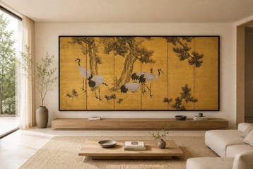 Een vouwscherm met zes panelen, waarop kraanvogels en, Antiek en Kunst