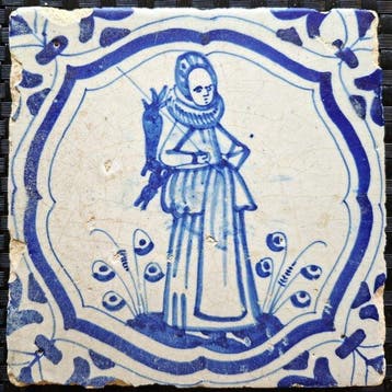 Tegel - Antieke Delftsblauwe tegel met vrouw met haas over