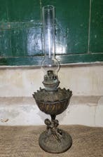 Franse brocante bronzen olielamp met cherubijn unieke vondst, Antiek en Kunst, Curiosa en Brocante, Ophalen of Verzenden