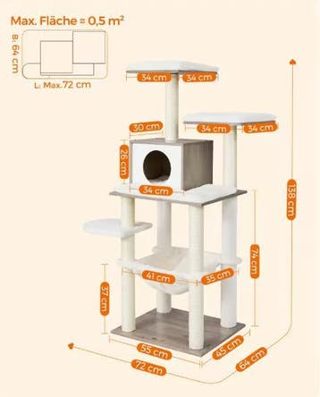 Kattenboom 138 cm – Krabpaal met Grot, Hangmat en Platforms, Verzenden, Nieuw