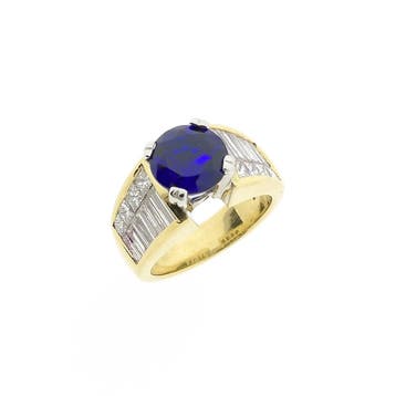 Gouden entourage ring met synthetische saffier en diamanten, Gebruikt, Overige kleuren, Ophalen of Verzenden, Kleiner dan 17