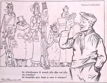 De arbeiderspers spreekt de media toe op spotprent (Lithos), Verzenden