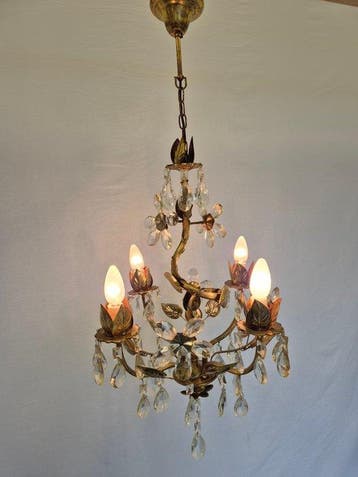 Plafondlamp - Messing, Glas, Kristal - Gedraaide Stam