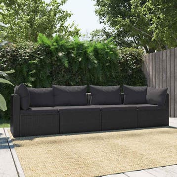 vidaXL 4-delige Loungeset met kussens poly rattan zwart, Verzenden, Nieuw, Loungeset