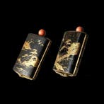 Gouden maki-e vier-vakken inro met koraal-ojime - Houten, Antiek en Kunst