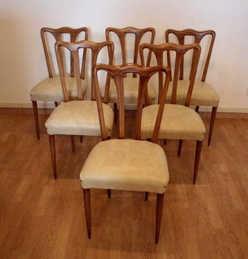 Stoel - Hout, Leder - Set van zes vintage stoelen