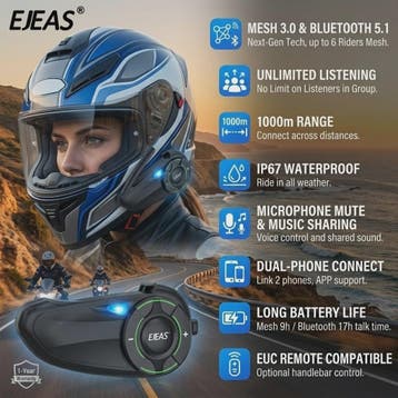 EJEAS Q8 Motorhelm Intercom Systeem - Bluetooth 5.1, IP67 Wa, Verzenden, Nieuw