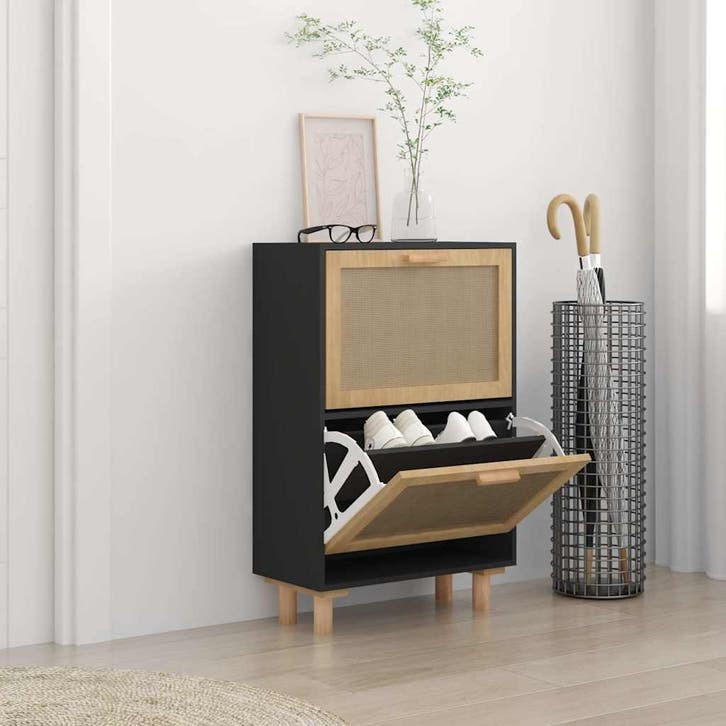 vidaXL Schoenenkast 52x25x80 cm bewerkt hout en rattan zwart, Huis en Inrichting, Kasten | Schoenenrekken, Nieuw, Verzenden