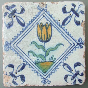 Tegel - Gekleurde Tulp in dubbel kwadraat. - 1600-1650