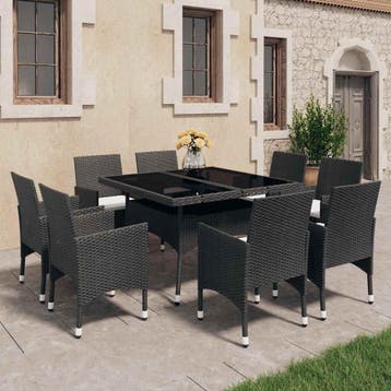 vidaXL 9-delige Tuinset poly rattan en glas zwart, Verzenden, Nieuw, 8 zitplaatsen, Tuinset