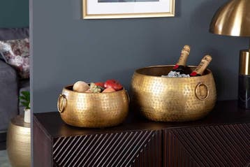 Set van 3 bloempotten ORIENT 25/20/15cm metaal goud gehamerd, Ophalen of Verzenden, Nieuw