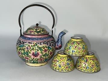 Kloisonné-emaille op koper theepot- en theekopjesset - Koper