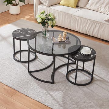 Salontafel set van 3 Kokkola rookglas marmer zwart en zwart, Huis en Inrichting, Tafels | Salontafels, Verzenden, Nieuw