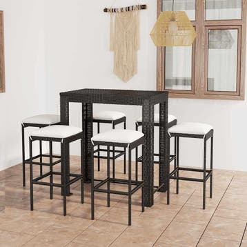 vidaXL 7-delige Tuinbarset met kussens poly rattan zwart, Verzenden, Nieuw, 6 zitplaatsen