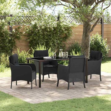 vidaXL Tuin eettafelset met kussen 5 pcs Zwart poly rattan, Verzenden, Nieuw, Rotan, 5 zitplaatsen