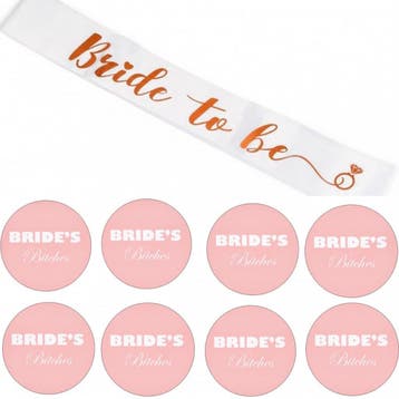 9-delige Bride to Be en Brides Bitches wit rose goud + zalm, Verzenden, Nieuw, Feestartikel, Geboorte of Huwelijk