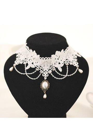 KIMU® Ketting Choker Wit Kant Lolita Lingerie Witte Kanten C, Kunststof, Verstelbaar, Wit, Nieuw