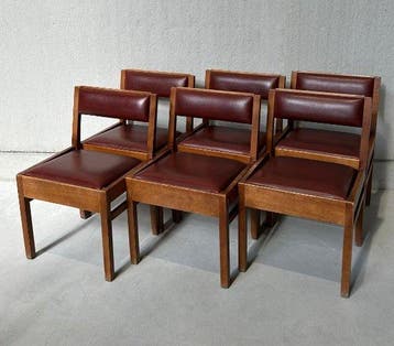 Stoel - hard hout, Synthetisch leder - Set van zes vintage, Antiek en Kunst