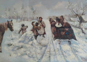 W. Orlow (XX) - Paesaggio Invernale Russo con slitta - cm