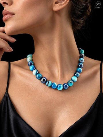 Blauwgroene agaat kralenketting - goudgeplateerd 925