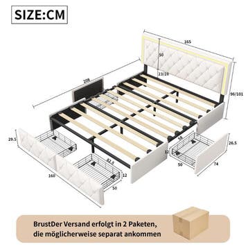Kunstleren tweepersoonsbed met LED en lades 140/160x200, Verzenden, Nieuw