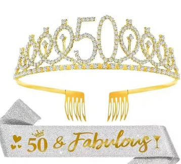 50 & Fabolous set met diadeem en sjerp deLuxe zilver en goud, Verzenden, Nieuw, Versiering, Verjaardag