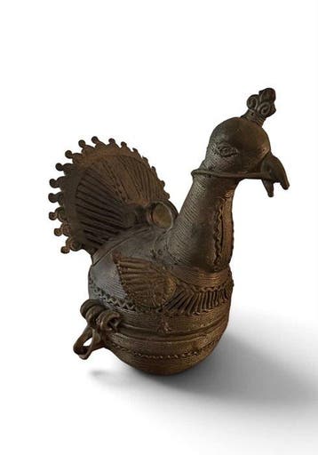 Beeld, Indian dhokra bronze peacock betel box, lost-wax, Antiek en Kunst