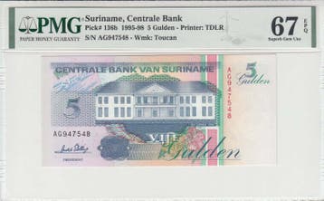 1996 Suriname 5 Gulden Pick 136b Pmg 67, Verzenden