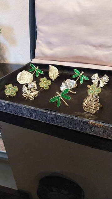 Servetring (12) - bladeren libellen bloemen - Verzilverd,