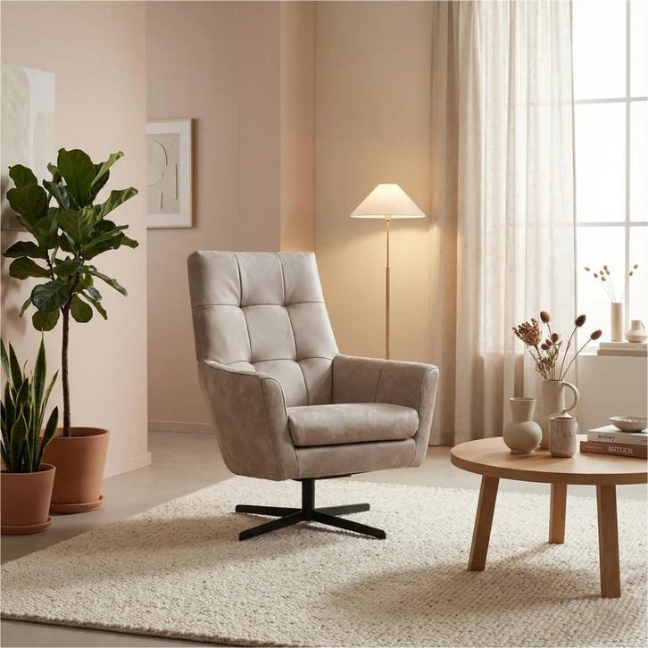 Leren draaifauteuil Central - Kenia Lightgrey (lichtgrijs), Huis en Inrichting, Fauteuils, 75 tot 100 cm, 75 tot 100 cm, Nieuw