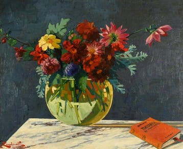 C. Zambonnelli (XIX-XXe) - Bouquet au vase rond et au livre
