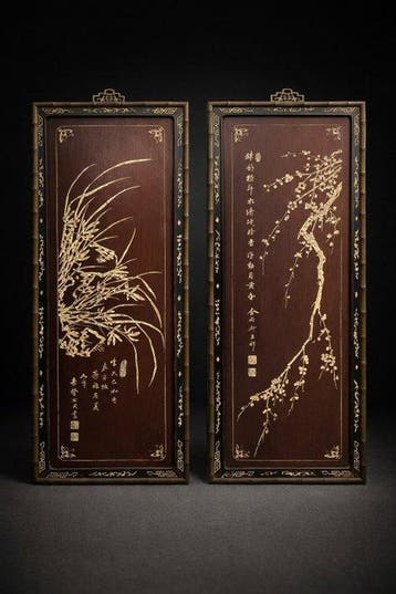 Een paar vintage Chinese houten panelen met parelmoeren, Antiek en Kunst