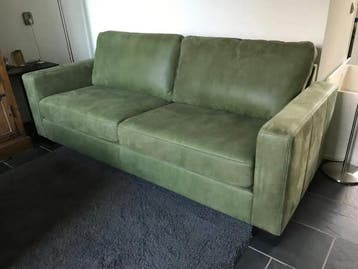 Leren 3-zits bank met houten poten - groen leer, Huis en Inrichting, Ophalen of Verzenden, Nieuw, Rechte bank, Leer