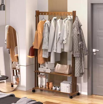 Bamboe Kledingrek met Haken, Planken en Wielen –Walnoot 166, Verzenden, Nieuw