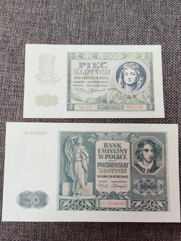 Polen. - 5 and 50 Zlotych 1941 - Pick 101 and 102 (Zonder, Postzegels en Munten, Bankbiljetten | Europa | Niet-Eurobiljetten