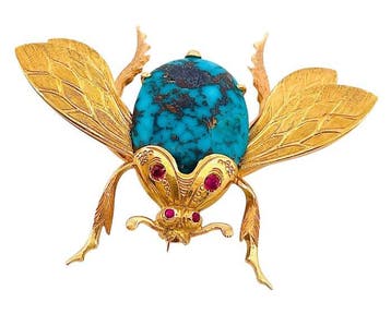 Broche - 18 karaat Geel goud Turquoise - Robijn