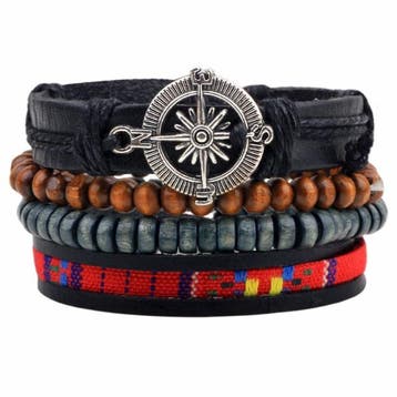 Fako Bijoux - Armband - Leder - Set Vintage - Kompas, Verzenden, Nieuw